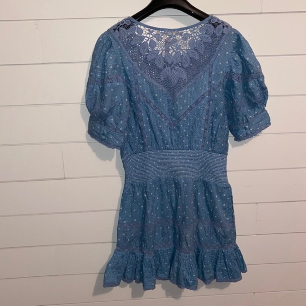 NWT LoveShackFancy Jaislyn blue Cotton Mini Dress - Women's Medium Puff Sleeves - Picture 7 of 9